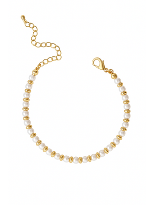 The Blakely Pearl Bracelet by Kinsey Designs features pearls and beads on a gold filled, adjustable 6.25" chain with a lobster clasp, shown on a white background.