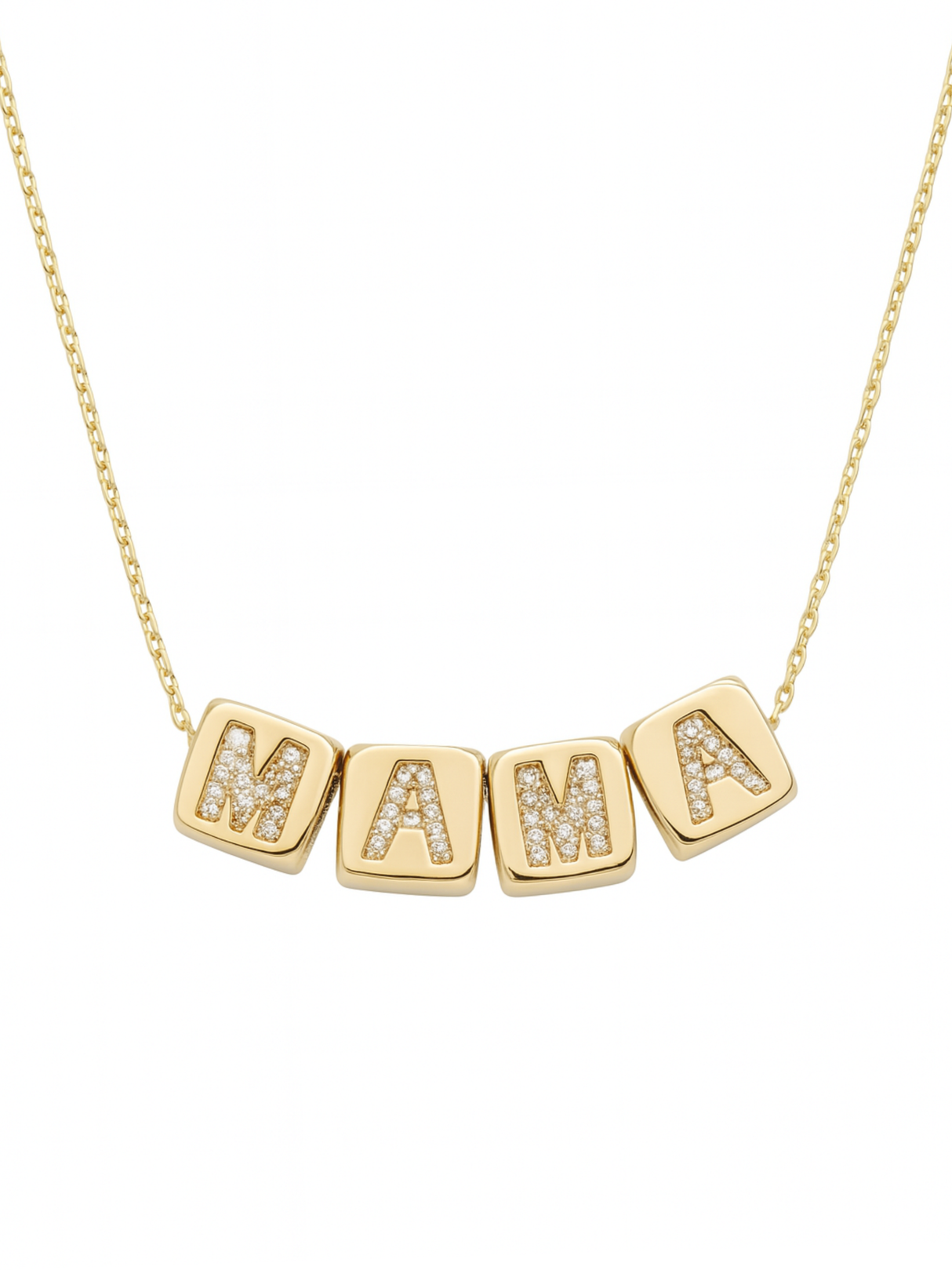 Kinsey Designs MAMA Block Necklace features four diamond-encrusted letter charms spelling "MAMA"—a sparkling, gold piece perfect for Mother’s Day.