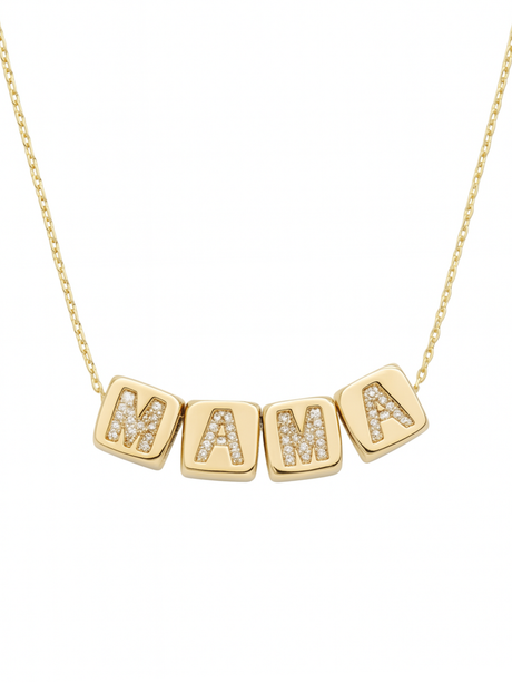 Kinsey Designs MAMA Block Necklace features four diamond-encrusted letter charms spelling "MAMA"—a sparkling, gold piece perfect for Mother’s Day.