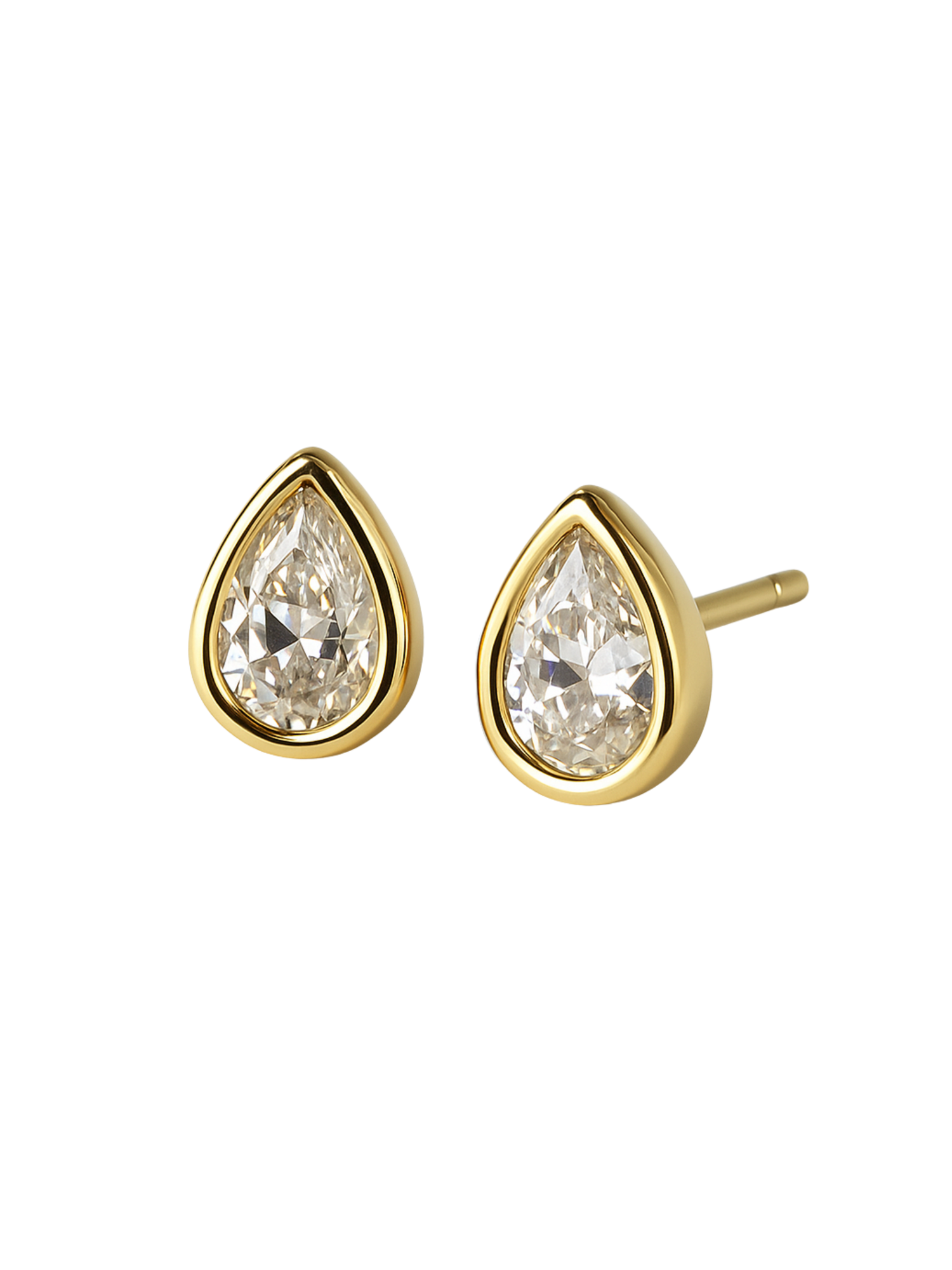 The Bridget Stud Earring by Kinsey Designs features gold filled studs with pear-shaped clear gemstones in a teardrop setting, shown on a white background.