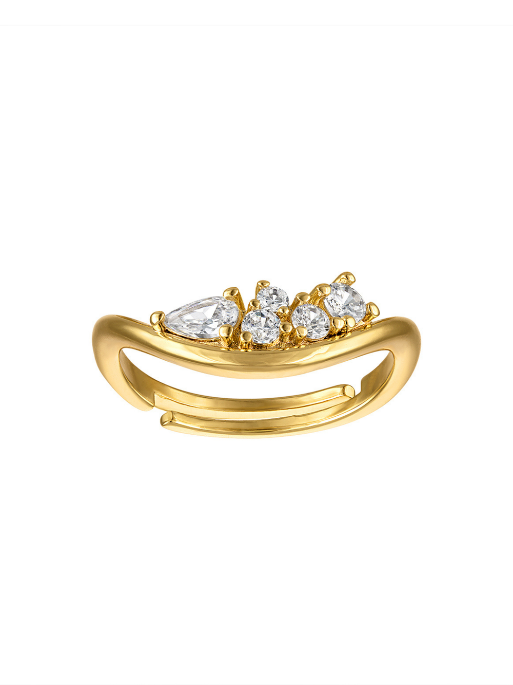 The Briony Stone Wave Ring by Kinsey Designs features an open gold band with clustered white gemstones in assorted shapes—ideal as a statement or stackable accessory.