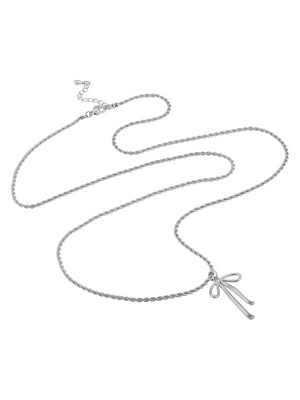 Kinsey Designs' Bella Silver Bow Necklace features a rhodium plated silver pendant with a bow-shaped charm, adding a touch of sophistication to any outfit.