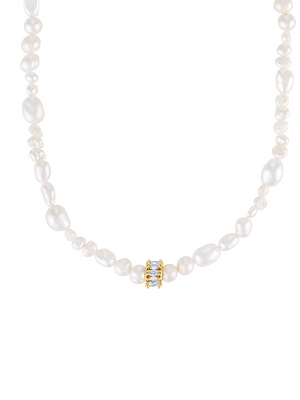 The Kinsey Designs Beth Freshwater Pearl Necklace showcases irregular pearls and a gold, gem-studded centerpiece—perfect as a stunning bridesmaid gift. Shown on a white background.