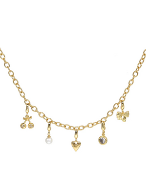 The Kinsey Designs Charm Necklace Link Chain features cherry, pearl, heart, gem, and bow charms on a delicate link chain. Clip charm compatible for easy customization.
