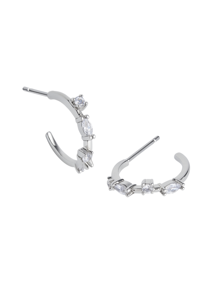 The Kinsey Designs Chase Hoop Mini Silver earrings feature rhodium-plated brass hoops, each .5" in diameter and adorned with four clear cubic zirconia gemstones, shown on a white background.