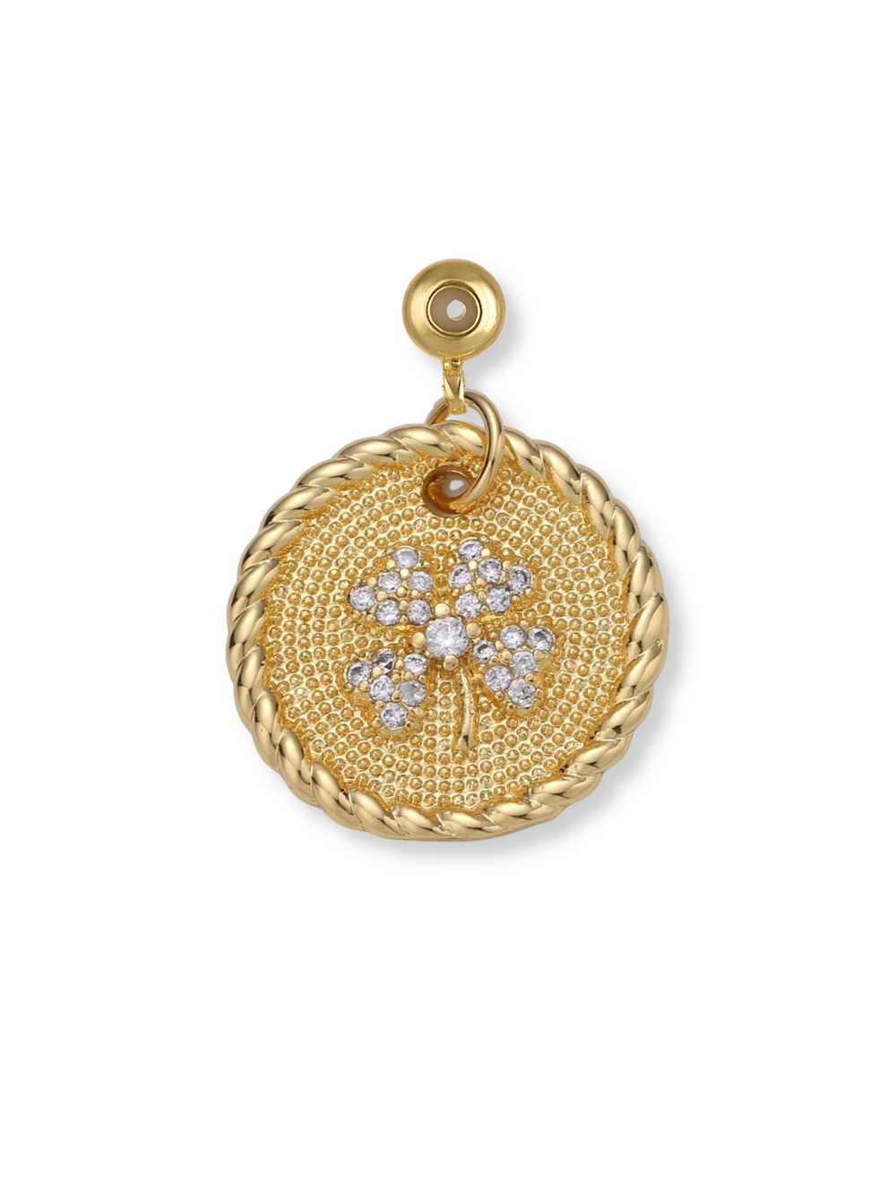 The Kinsey Designs Archives Clover Grip Charm is a gold circular pendant with a rope edge, featuring a diamond-studded four-leaf clover at the center—an elegant piece believed to bring luck.