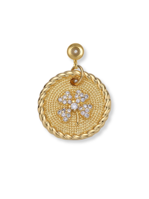 The Kinsey Designs Archives Clover Grip Charm is a gold circular pendant with a rope edge, featuring a diamond-studded four-leaf clover at the center—an elegant piece believed to bring luck.