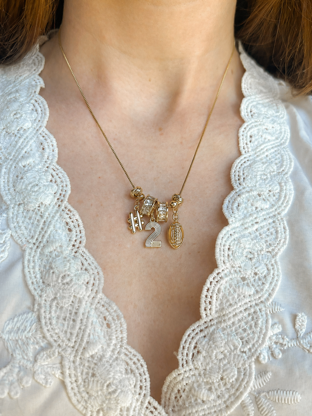 Lux Football Charm Necklace with Numbers and Rondelles