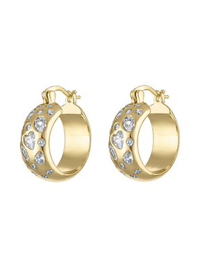 The Claire Gold Hoops by Kinsey Designs feature clear cubic zirconia accents and a hinged closure, shown on a white background.