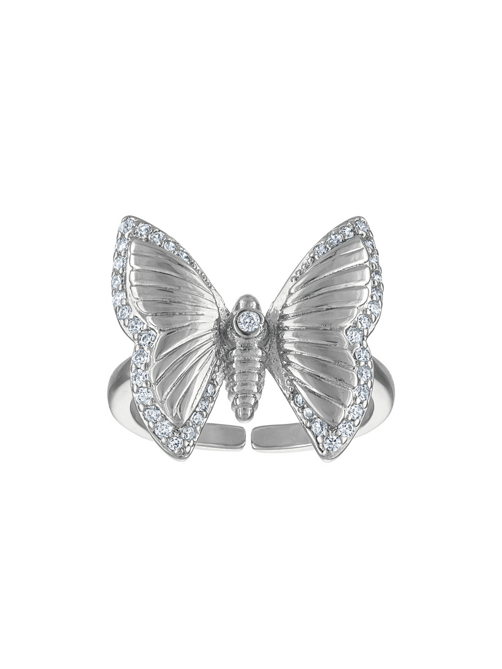 The Crosby Silver Butterfly Ring by Kinsey Designs features a delicate butterfly design with wings outlined in sparkling cubic zirconia, creating a stunning piece perfect for any occasion.