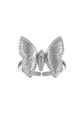 The Crosby Silver Butterfly Ring by Kinsey Designs features a delicate butterfly design with wings outlined in sparkling cubic zirconia, creating a stunning piece perfect for any occasion.