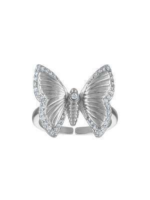 The Crosby Silver Butterfly Ring by Kinsey Designs features a delicate butterfly design with wings outlined in sparkling cubic zirconia, creating a stunning piece perfect for any occasion.