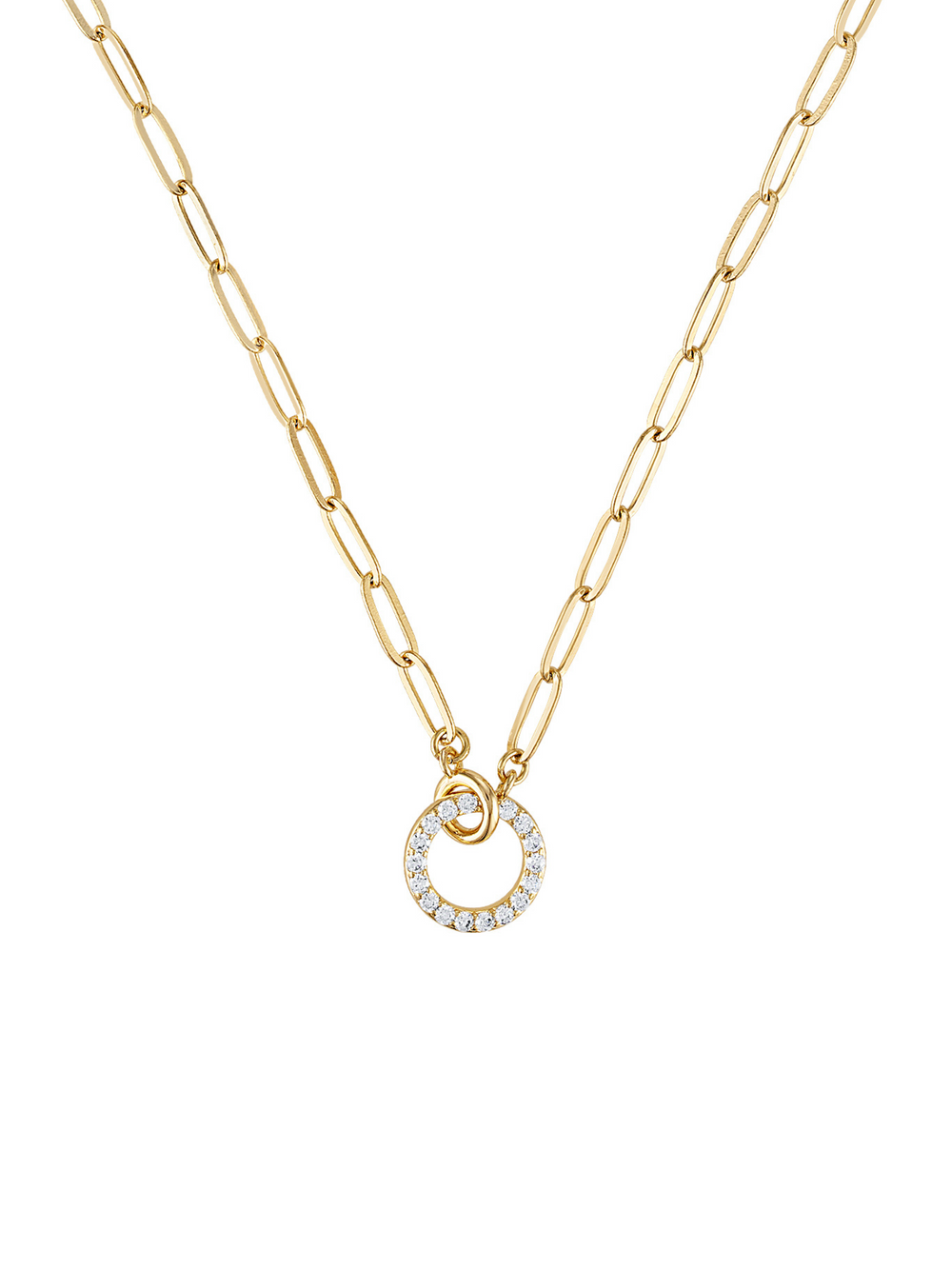 The Cyrus Interlocking Circle Necklace by Kinsey Designs features gold interlocking circles and a delicate pendant, half encrusted with sparkling white stones.