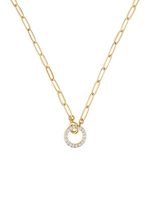 The Cyrus Interlocking Circle Necklace by Kinsey Designs features gold interlocking circles and a delicate pendant, half encrusted with sparkling white stones.