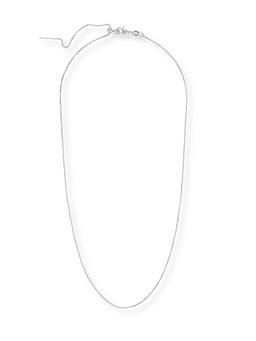 The Kinsey Designs Charm Necklace Box Chain, featuring a thin silver box chain and lobster clasp, is displayed in an oval shape on a white background.
