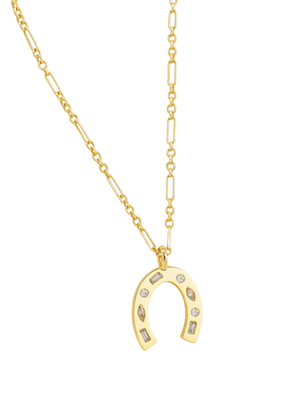 The Delphin Necklace by Kinsey Designs features a gold-filled horseshoe pendant with diamond accents, making it the perfect lucky necklace for any occasion.