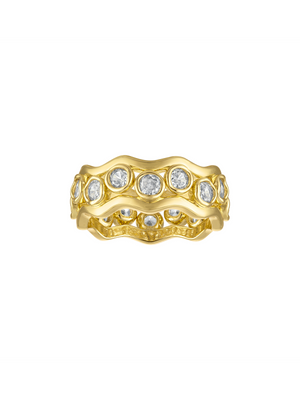 The Kinsey Designs Dove Stacking Ring Set features two gold wavy bands, each encircled with round, clear gemstones.
