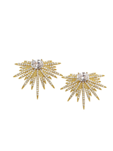 Add a touch of sparkle with the Elaine Post gold starburst earrings by Kinsey Designs, featuring clear cubic zirconia and crystal-encrusted rays in gold filled metal. Find them at our sample sale!.
