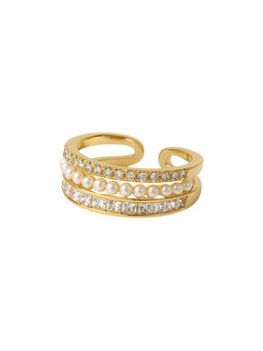 The Ellana Pearl Ring by Kinsey Designs features rows of pearls and clear gemstones on a gold open, adjustable band, radiating elegance.