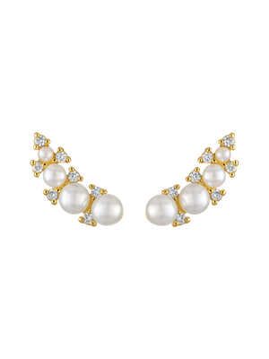 The Elin Pearl Climber Earring by Kinsey Designs features clusters of pearls and clear CZ gemstones in a curved, elegant design.