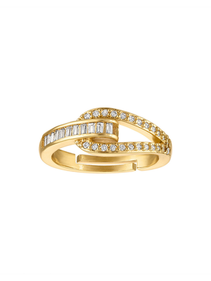 The Foster Buckle Ring by Kinsey Designs features interlocking loops adorned with rows of baguette and round-cut clear cubic zirconia stones.