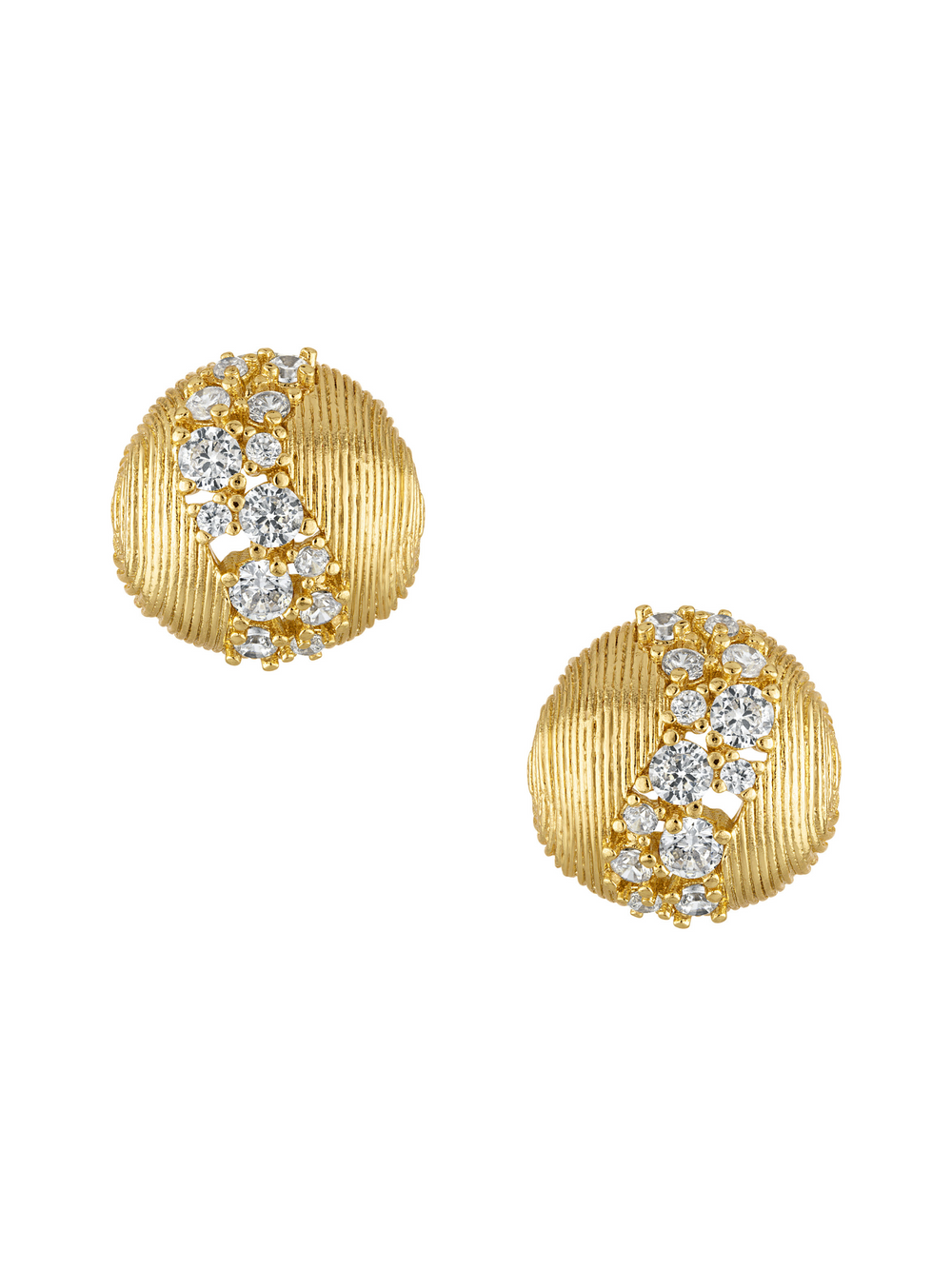 The Finn Post Earring by Kinsey Designs features round gold posts adorned with CZ stones and a diagonal row of sparkling diamonds on a textured surface.