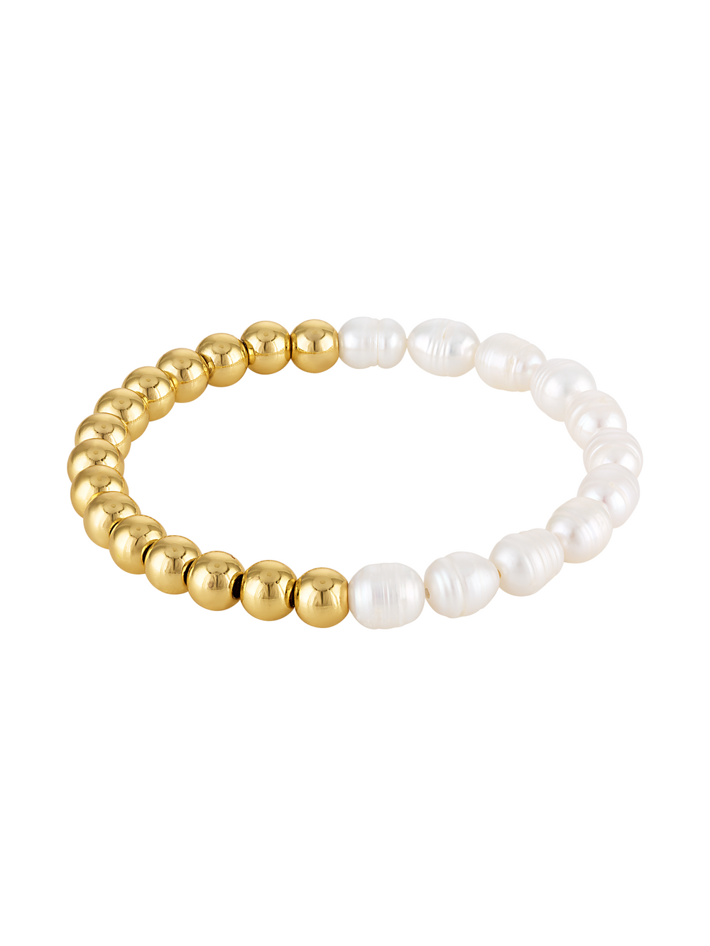 The Kinsey Designs Freshwater Pearl and Gold Bead Stretch Bracelet features alternating gold and freshwater pearl beads in a stylish, circular stretch design.