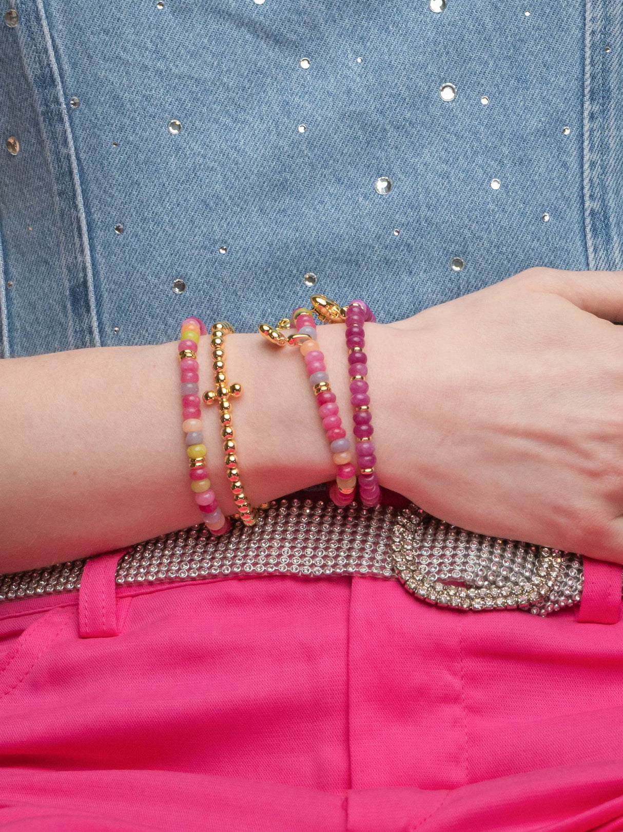 Gemstone Stretch Bead Bracelet Fuchsia