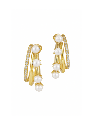The Hattie Pearl Hoops by Kinsey Designs feature a triple-layer, gold-filled design with pearls and small embedded crystals, shown on a white background.