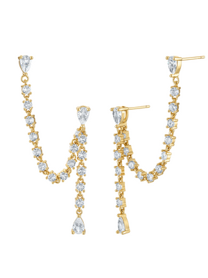 The Hollis Double Earring by Kinsey Designs features gold-filled drop earrings with sparkling cubic zirconia stones and a dangling chain, measuring 2.25" long, shown against a white background.