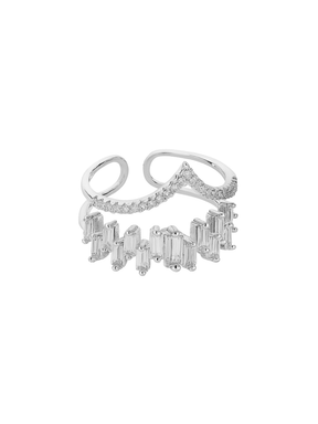The Ines Ring Silver by Kinsey Designs features two adjustable open bands—one set with small round Cubic Zirconia stones and the other with sparkling baguette-cut accents.