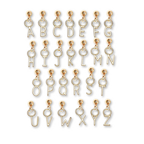 Kinsey Designs Archives Letter Grip Charms from A to Z arranged in rows on a white background, ideal for creating personalized jewelry.