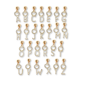 Kinsey Designs Archives Letter Grip Charms from A to Z arranged in rows on a white background, ideal for creating personalized jewelry.