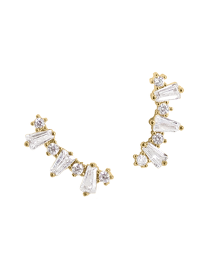 Kinsey Designs Archives' Irace Post earrings are gold filled, .75" wide, and feature clustered cubic zirconia gemstones in a curved pattern against a white background.