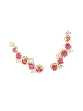 The Jax Climber Fuchsia by Kinsey Designs are gold-filled earrings with a curved design, showcasing alternating fuchsia and clear cubic zirconia stones.