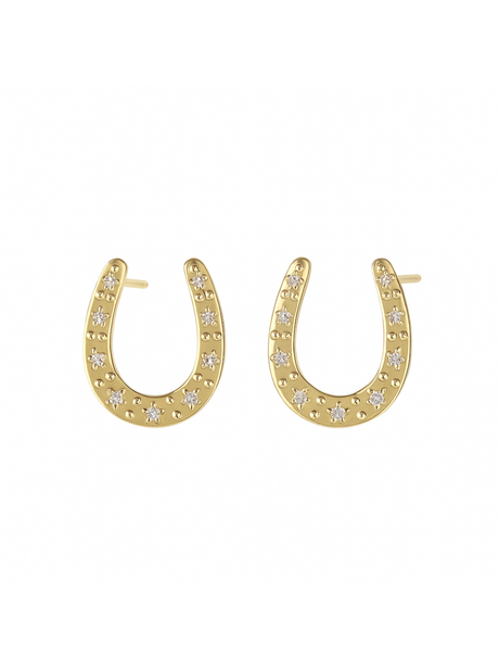 The Kent Earring by Kinsey Designs features gold-filled horseshoe shapes with small white stones, shown on a plain white background. Final sale.