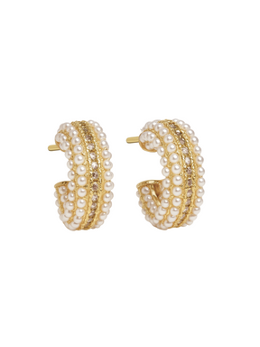 The Korey Pearl Hoops by Kinsey Designs feature gold-filled hoops embellished with rows of small pearls and sparkling rhinestones, shown on a white background.