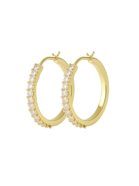 The Lane Hoop by Kinsey Designs features gold-filled hoops with a row of small white gemstones and a .75" circumference—perfect for understated sparkle and comfortable, everyday wear.