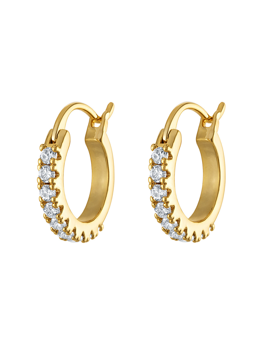 The Kinsey Designs Lane Hoop Mini features gold mini hoops with a front row of clear, round gemstones, shown on a white background.