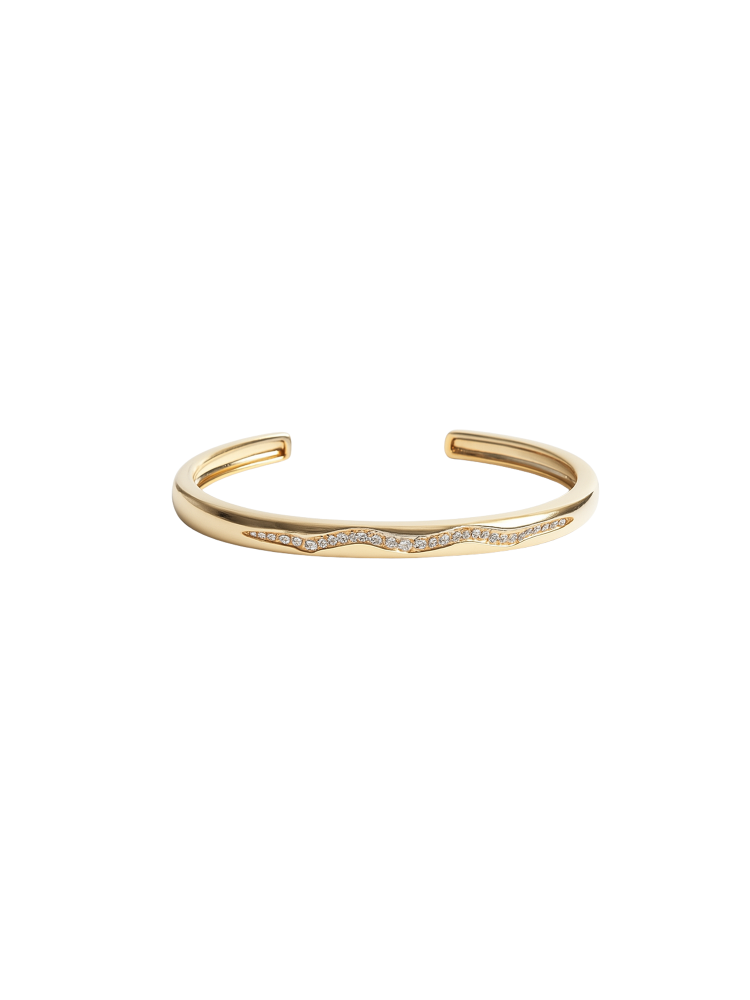 The Lily Baby Cuff by Kinsey Designs is a gold filled bracelet with a subtle wave design and small sparkling cubic zirconia stones on the front, displayed against a white background.