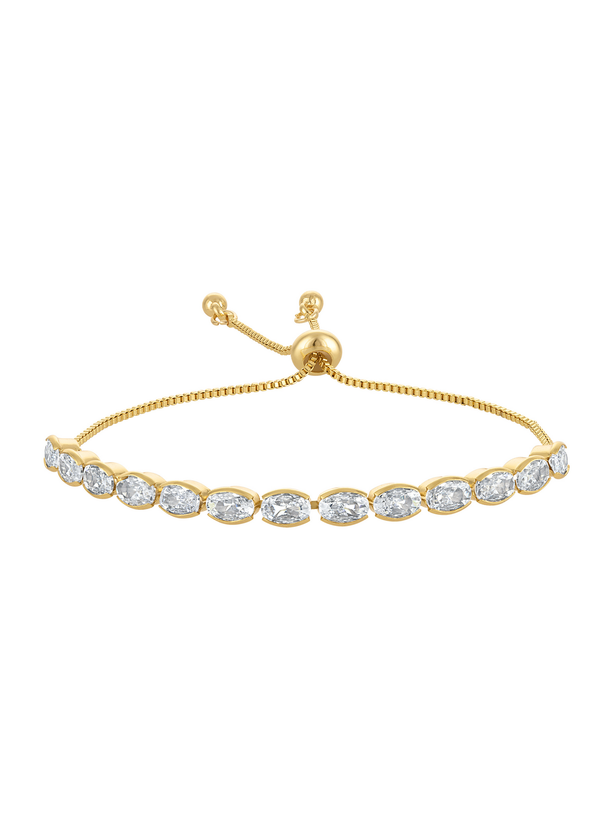 The Lowen Adjustable Bracelet by Kinsey Designs features oval-shaped clear gemstones in a single row, set on a gold adjustable chain.