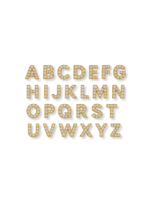 Kinsey Designs' LUX Letter Slide Charms feature gold alphabet A–Z, each with sparkling diamonds, shown in four rows on white—ideal as gold-filled initial charms for personalized jewelry.