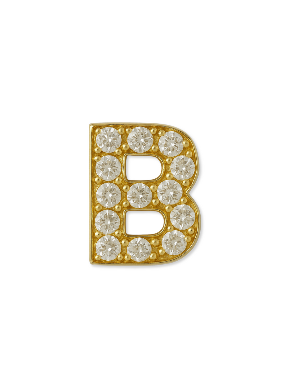 Kinsey Designs LUX Letter Slide Charm: Gold letter "B" initial pin with clear round gemstones, crafted in gold fill—ideal for adding sparkle to your slide charms collection. Shown on a white background.