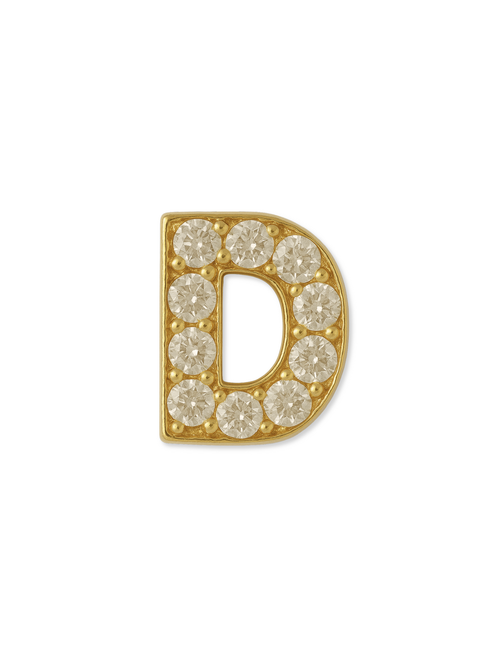 The Kinsey Designs LUX Letter Slide Charm features the initial "D" with round clear gemstones, perfect as a stylish addition to your slide charm collection. Shown against a white background.