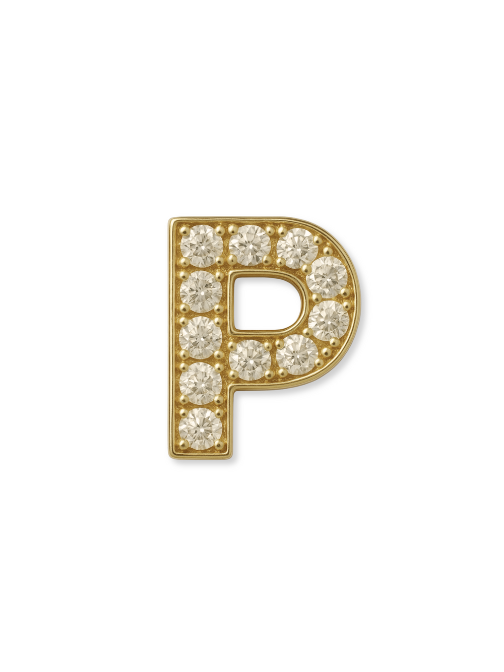 The Kinsey Designs LUX Letter Slide Charm features a gold letter "P" adorned with round diamonds, crafted as a gold filled charm and shown on a white background.