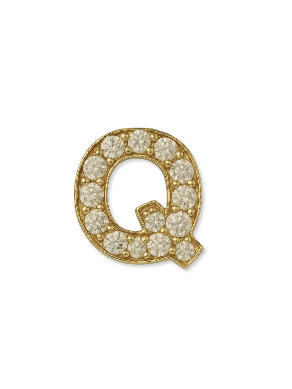 The Kinsey Designs LUX Letter Slide Charms brooch features a gold-filled "Q" adorned with clear round gemstones—an elegant initial accessory for your collection.