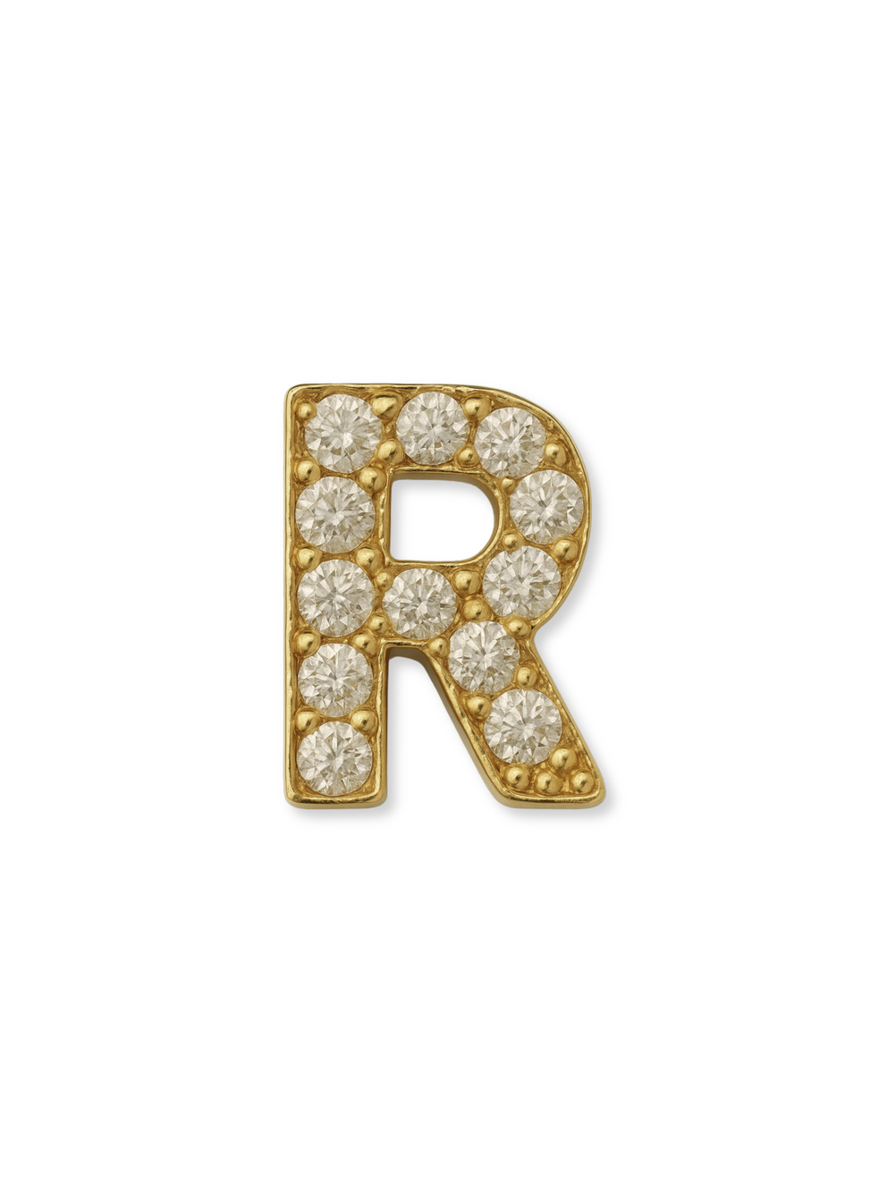 The Kinsey Designs LUX Letter Slide Charm features a gold-filled initial "R" adorned with small round diamonds, shining on a white background—ideal for personalizing necklaces or adding to slide charm collections.