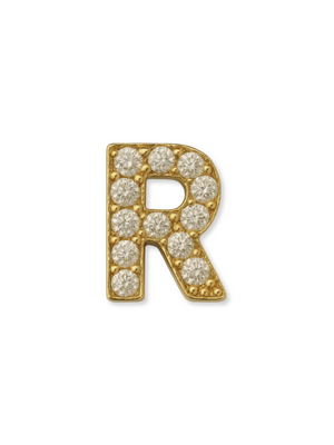 The Kinsey Designs LUX Letter Slide Charm features a gold-filled initial "R" adorned with small round diamonds, shining on a white background—ideal for personalizing necklaces or adding to slide charm collections.