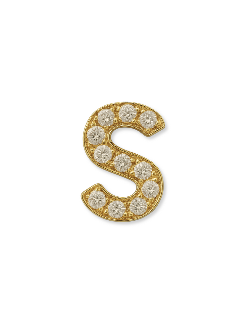 The Kinsey Designs LUX Letter Slide Charms feature a gold-filled initial "S" adorned with clear round gemstones on a white background—perfect for enhancing your slide charms collection.