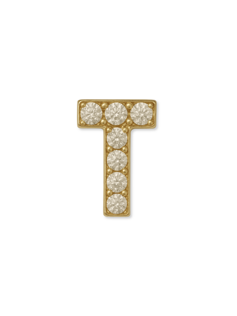 The Kinsey Designs LUX Letter Slide Charm features a gold-filled "T" initial adorned with round white gemstones, ideal for slide charm bracelets, shown on a white background.